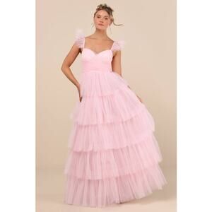 NWT Lulus Fabulous Poise Light Pink Tulle Ruffle Tiered Maxi Dress Debut Fairy S